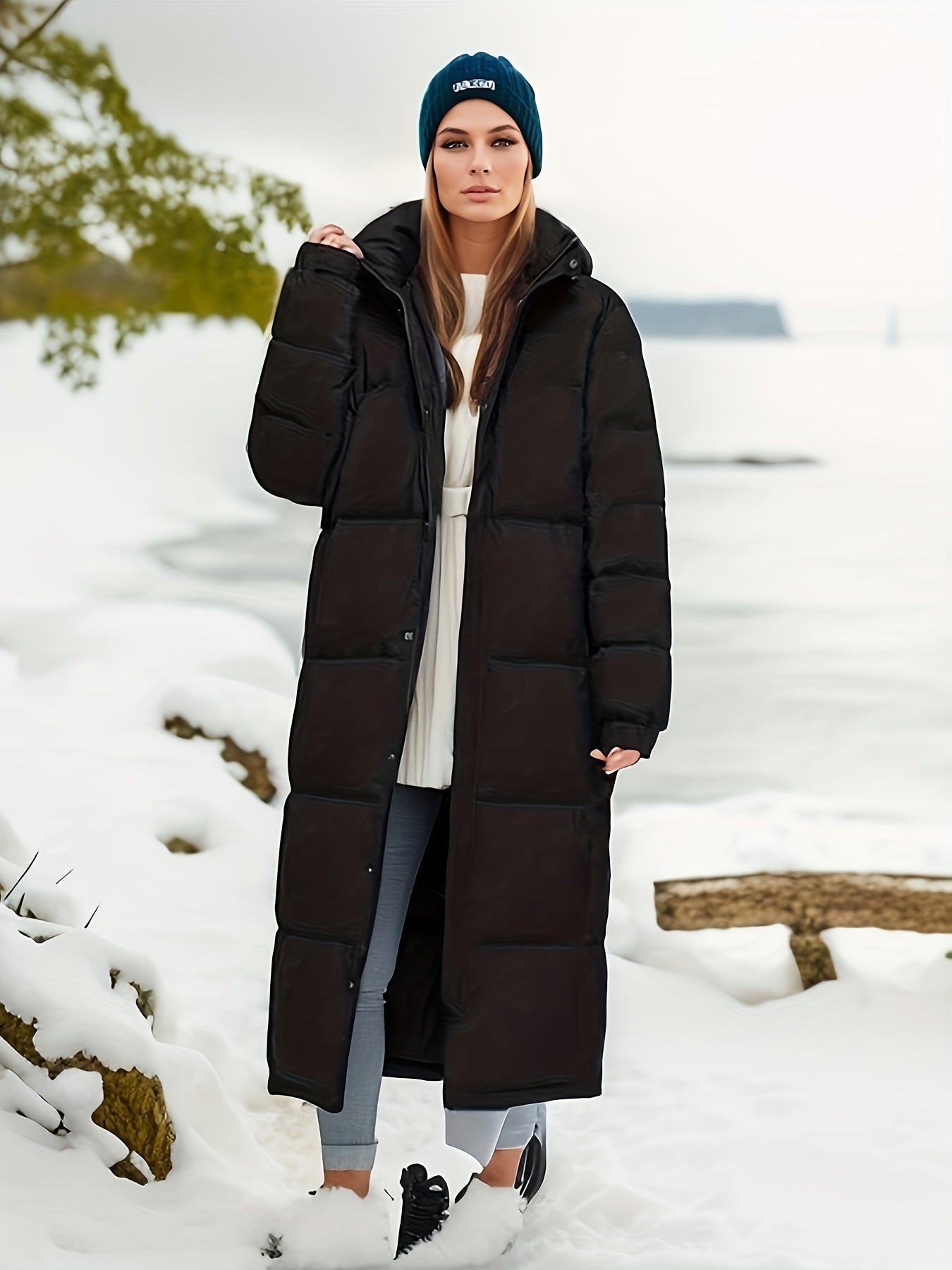 Abrigo acolchado largo con capucha para mujer - Imagen 3